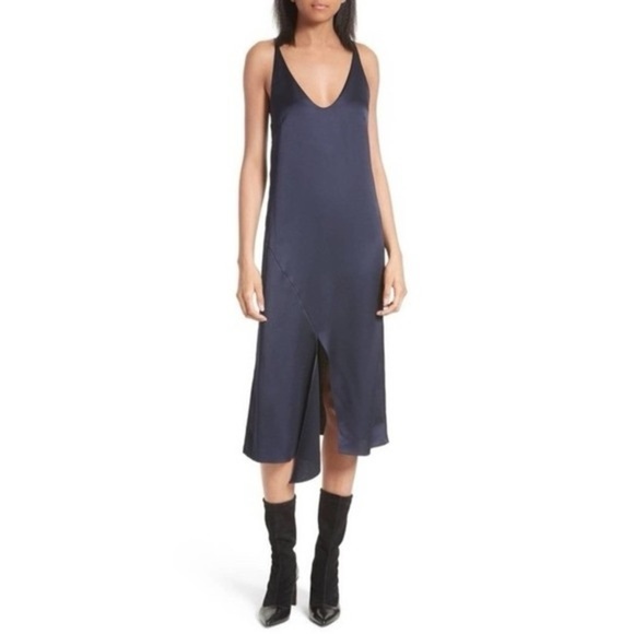 Tibi / Celestia Navy Blue Satin Slip Midi drape Dress 4 - Picture 3 of 8